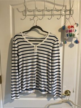 GAP White and Navy Striped Long Sleeve Henley Top